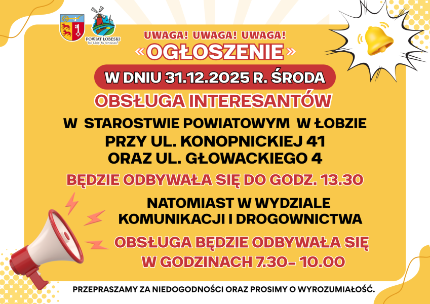 31 grudnia 2025 -obsługa interesantów w Starostwie Powiatowym w Łobzie